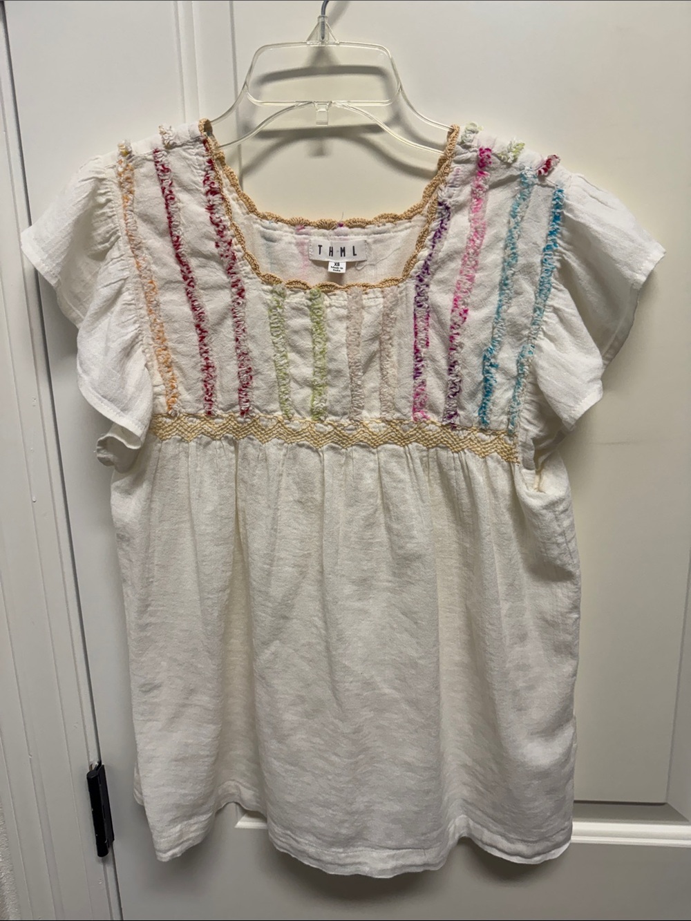 THML Cream Flutter Sleeve Top with Multicolor Embroidery